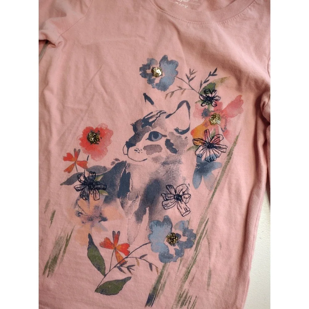 OshKosh Girls Pink Kitten Sequin Top and Carter's Floral Leggings Set‎ 6/6x